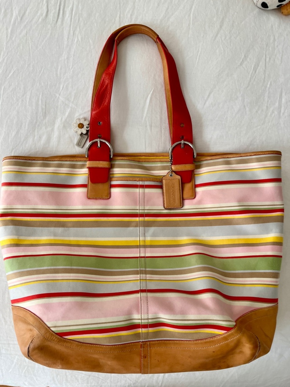 Coach Pastel Multi Striped Canvas Tote with Coral Leather Straps - Picture 9 of 9
